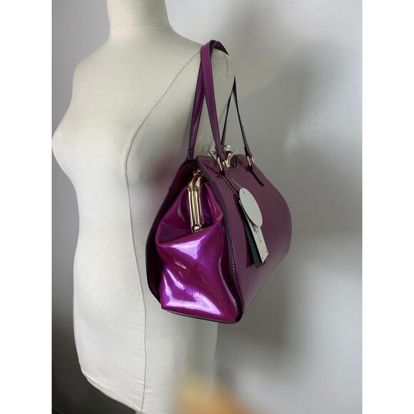 Le Miel Purple Glossy Patent Leather Faux Diamond 2-n-1 2x Handle Handbag RARE - Picture 2 of 16